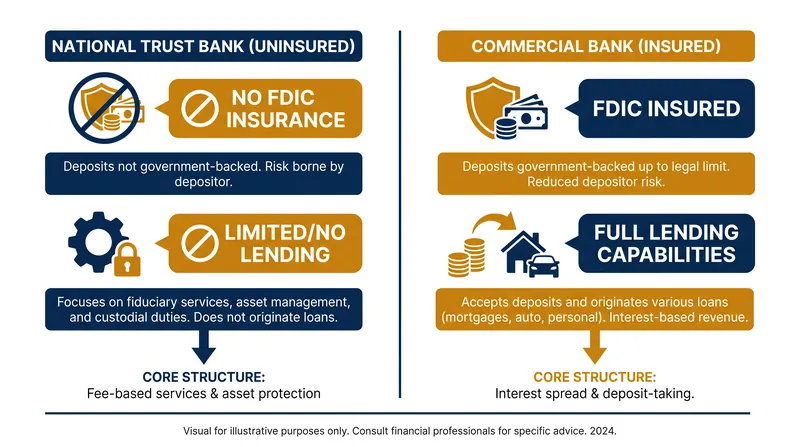 Unlike traditional commercial banks, uninsured national trust banks do not accept retail deposits or issue loans.