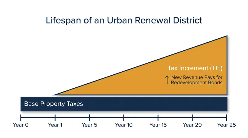 Tax increment financing (TIF) captures the increased property value generated by redeveloping blighted areas.