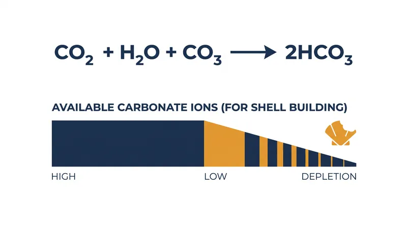 As the ocean absorbs carbon dioxide, chemical reactions deplete the free carbonate ions that marine life needs to build shells.