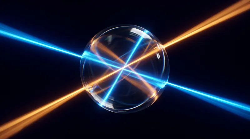 A 3D glass ellipsoid suspended in a dark void, pierced by glowing blue and amber laser lines representing orthogonal eigenvectors.