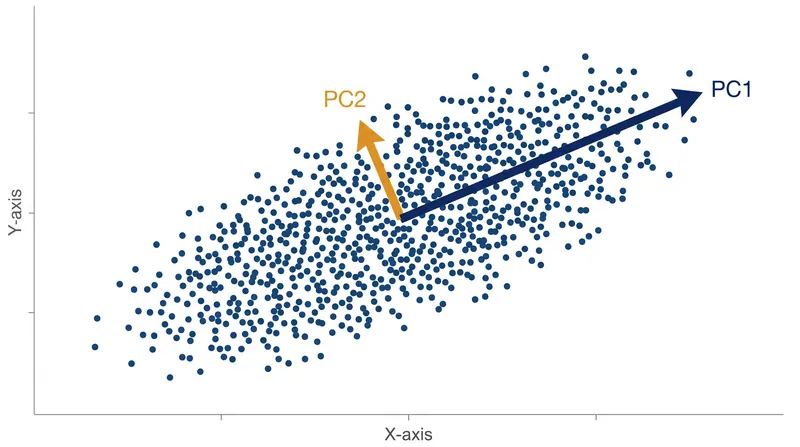 Geometrically, the first principal component aligns with the longest axis of the data's spread, while the second captures the remaining orthogonal variance.