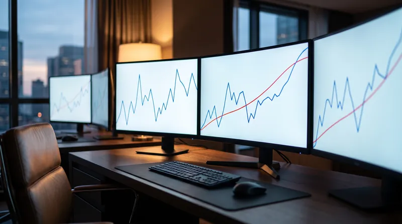 Multiple computer monitors displaying clean line charts comparing volatile and steady equity curves on a trading desk.