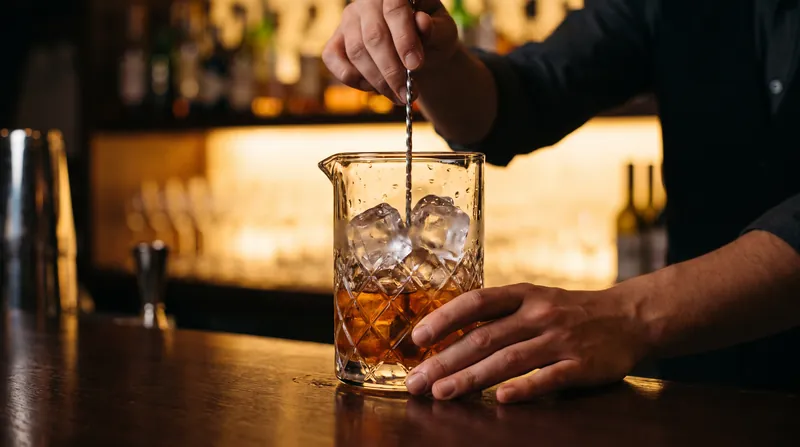 A bartender's hand stirring a cocktail with a long bar spoon in a condensation-covered crystal mixing glass filled with large ice cubes.