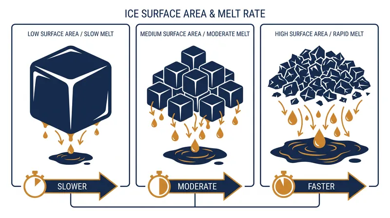 The format of the ice dictates the speed of the thermal exchange and the resulting water volume.