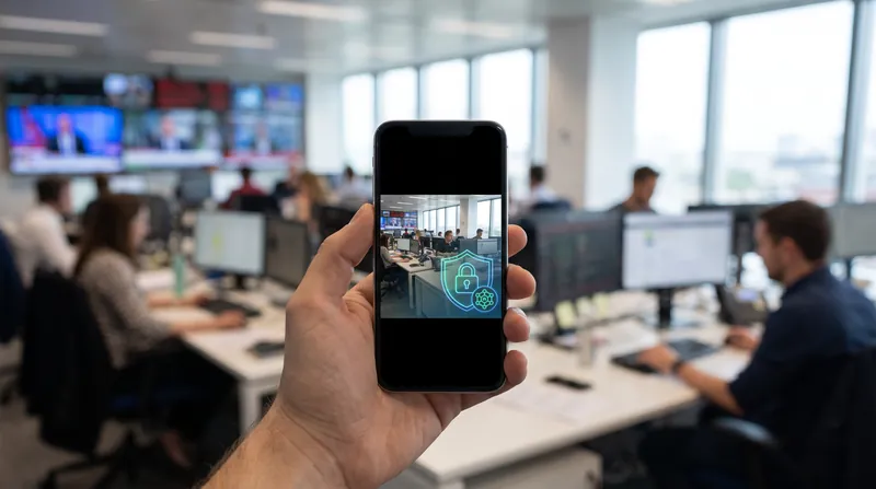 A person in a modern office holding a smartphone that displays a digital photo with a glowing cryptographic verification badge.