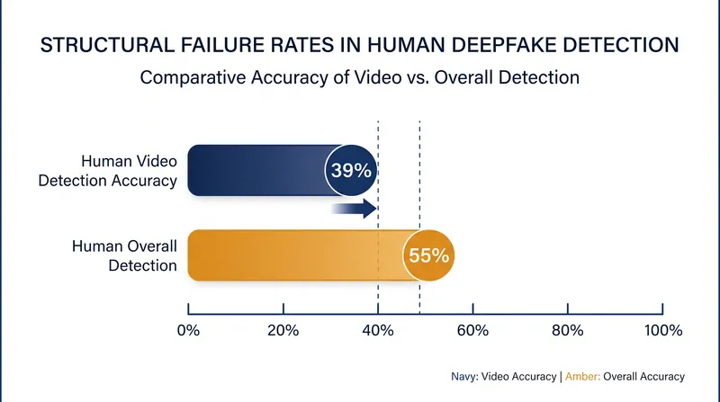 Unaided human judgment correctly identifies deepfake video content only 39% of the time.