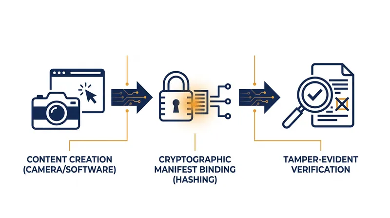 The C2PA standard uses X.509-based credentials and cryptographic hashes to create a tamper-evident chain of custody.