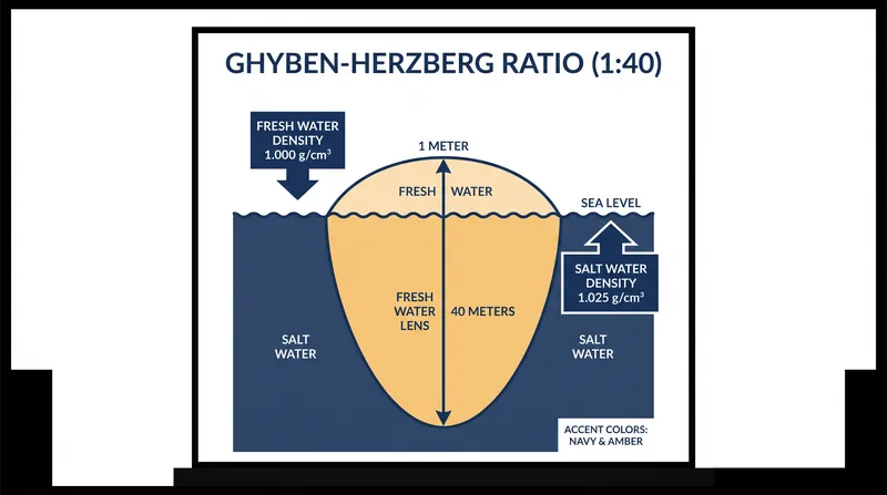 Because seawater is slightly denser than fresh water, every unit of elevation above sea level depresses the saltwater interface by forty units.