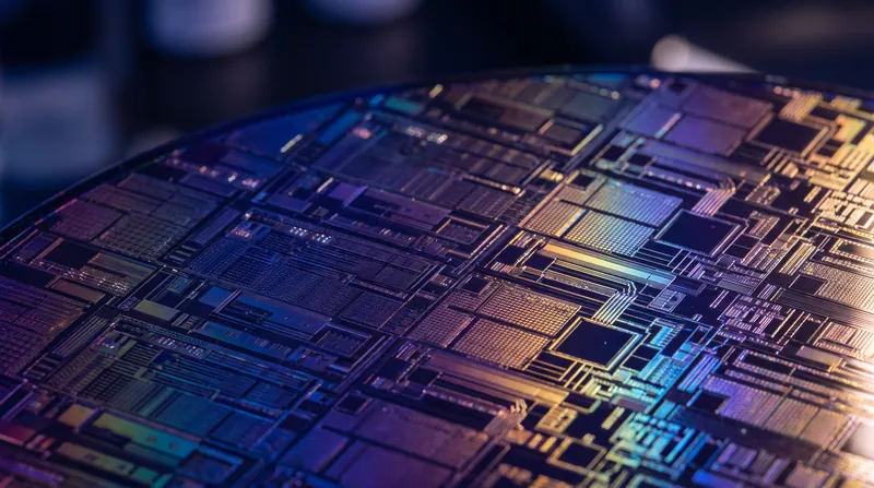 Macro photograph of a silicon wafer showing a highly detailed, iridescent grid of microscopic integrated circuits.