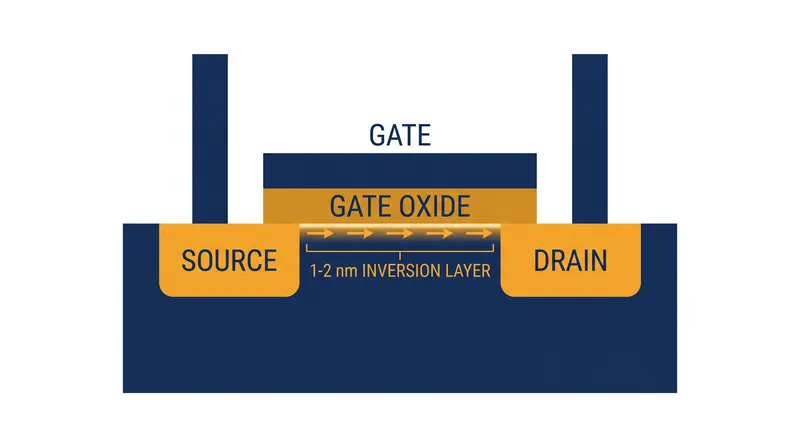When the gate voltage exceeds the threshold, electrons are drawn to the surface, inverting the p-type silicon to create a conductive n-type channel.