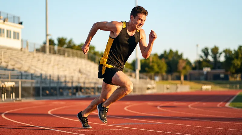 A runner sprinting intensely on a red athletics track during a high-intensity interval training session.