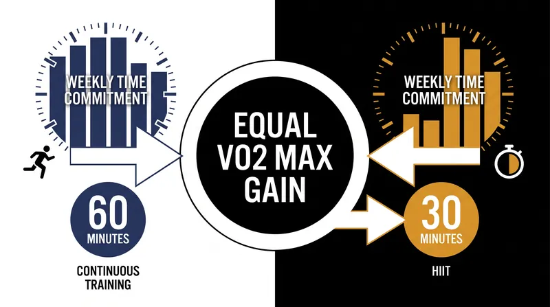 Interval training cuts the required session time in half while delivering equivalent or superior VO2max improvements.