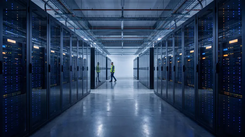 A modern server farm interior with rows of glowing server racks illuminated in blue and amber.