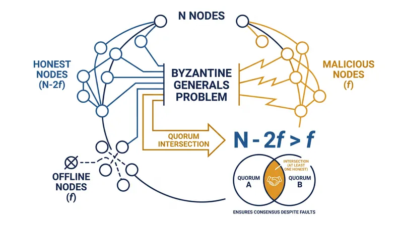 The quorum intersection proof demonstrates why a network must have more than three times as many total nodes as faulty nodes to guarantee agreement.