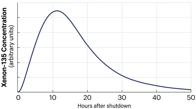 Following a power reduction, Xenon-135 levels spike for roughly 12 hours before slowly decaying over two days.