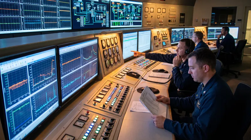 Operators monitoring digital displays and control panels inside a commercial nuclear power plant control room.