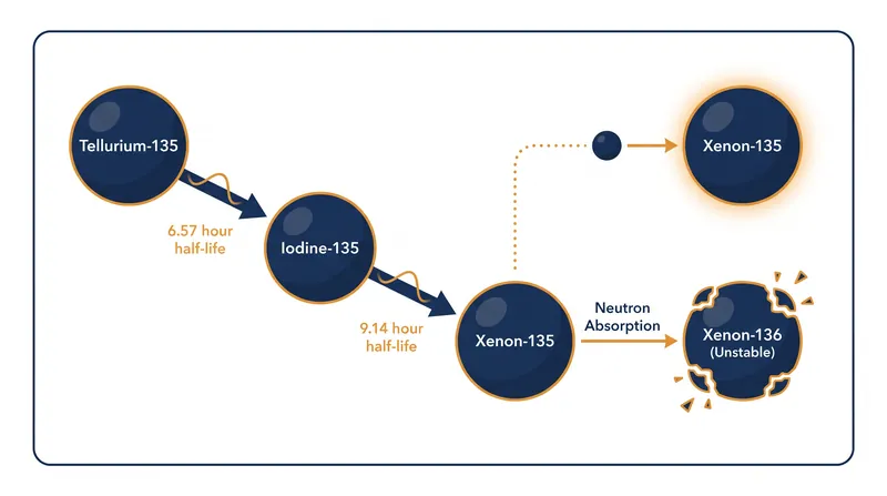 The decay chain that produces neutron-absorbing Xenon-135 inside a reactor core.