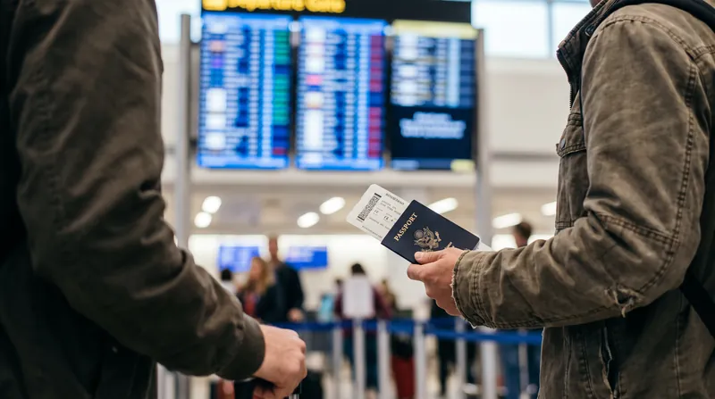 A traveler holding a United States passport stands in front of a blurred airport departure information board.