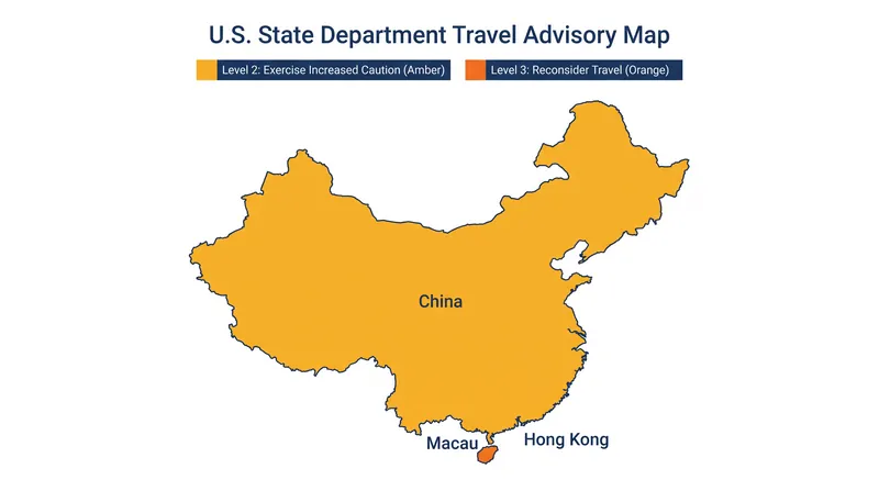 The September 2026 update maintains a Level 2 advisory for mainland China and Hong Kong, and a Level 3 advisory for Macau.