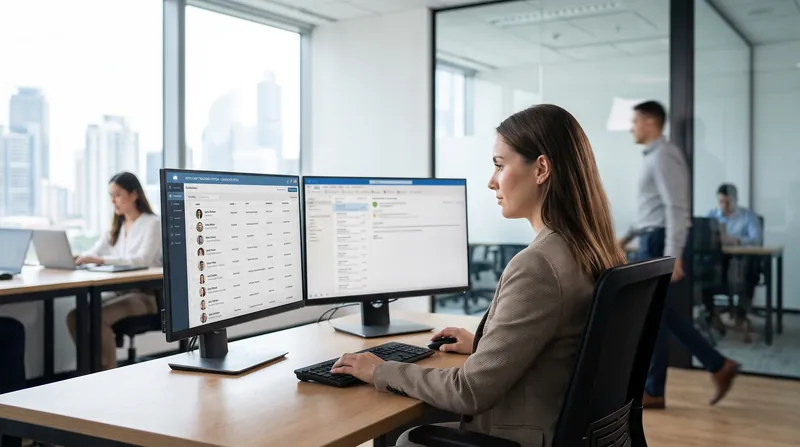 A recruiter sits at a dual-monitor desk in a bright office, reviewing a list of candidate profiles on a software dashboard.