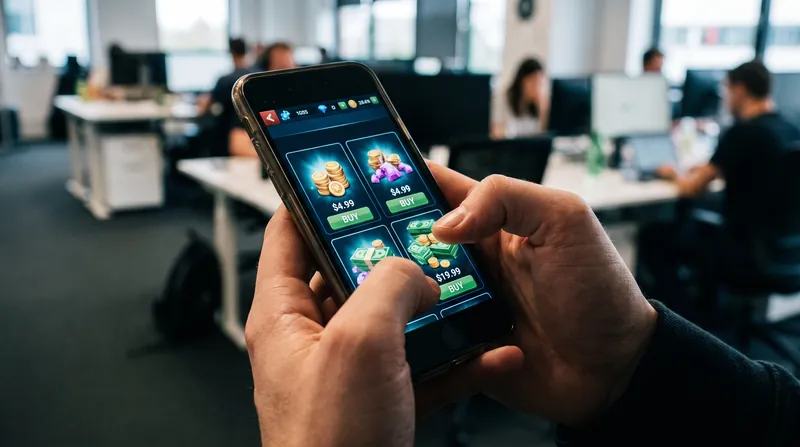 A person holding a smartphone displaying a mobile game digital currency storefront in a softly lit office.