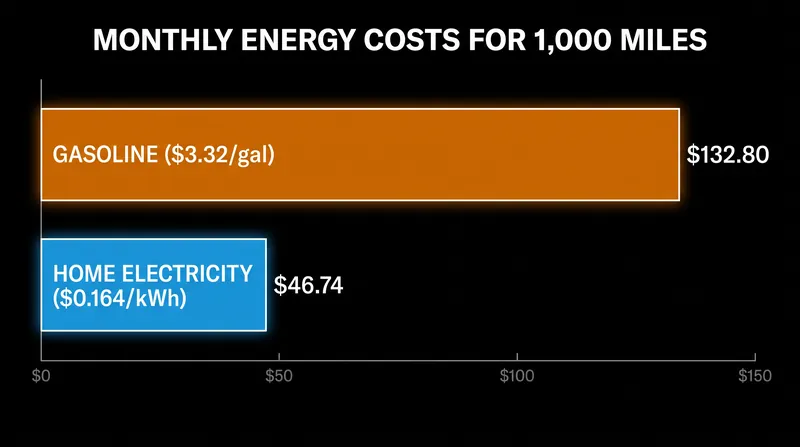 Charging at home at national average electricity rates saves a typical driver about $86 per month compared to gasoline.