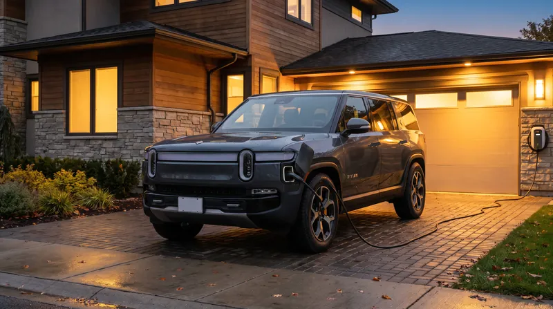 A modern electric vehicle plugged into a home charging station in a residential driveway at dusk.