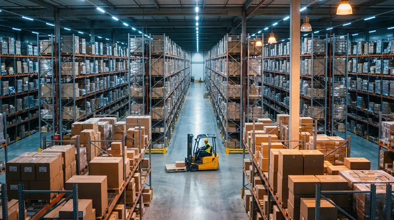 A wide view of a modern warehouse interior showing tall racks filled with cardboard boxes and a forklift operating in the center aisle.