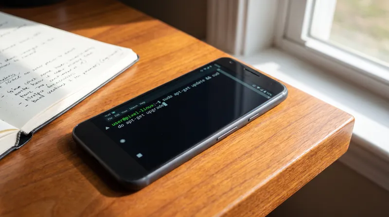 A Google Pixel smartphone displaying lines of code on its screen, resting on a wooden desk next to a notebook.