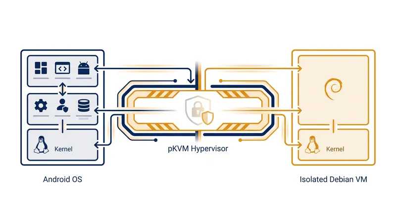 The pKVM hypervisor enforces strict hardware-level isolation between the Android host and the Debian guest.