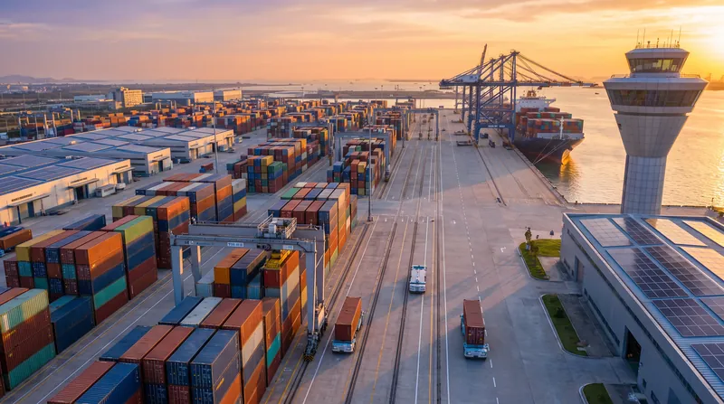 A modern shipping port at sunset with stacks of containers and automated electric cranes operating efficiently.