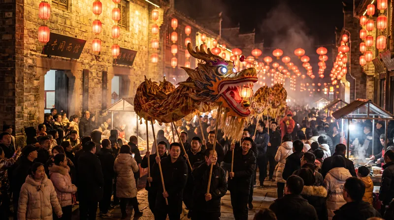 A vibrant red and gold wooden dragon puppet weaves through a crowded street during Lunar New Year.