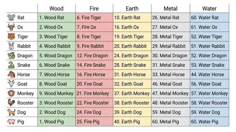 The combination of 12 animals and five elements creates a 60-year cycle before any specific pairing repeats.