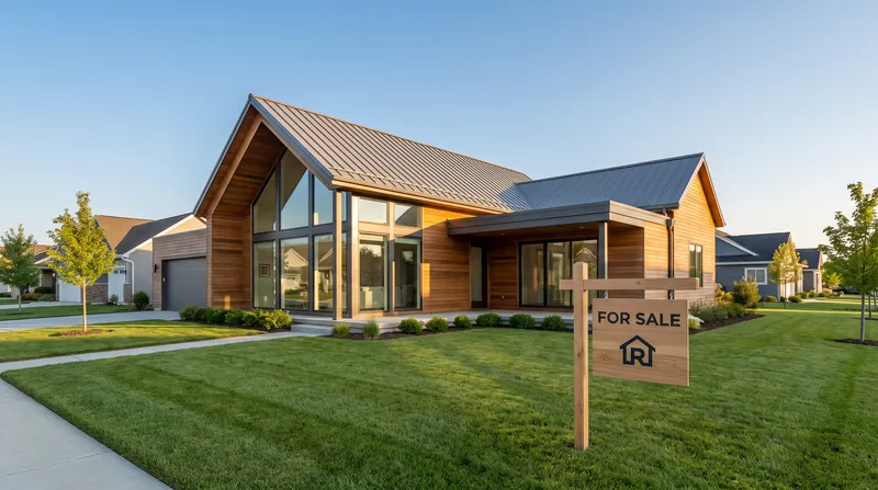 A modern suburban single-family home with a for sale sign in the front yard.
