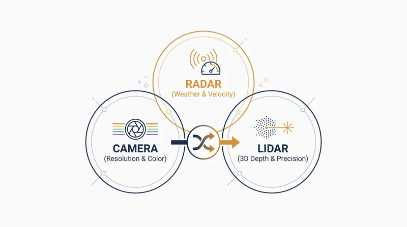 Each sensor type covers the physical blind spots of the others.