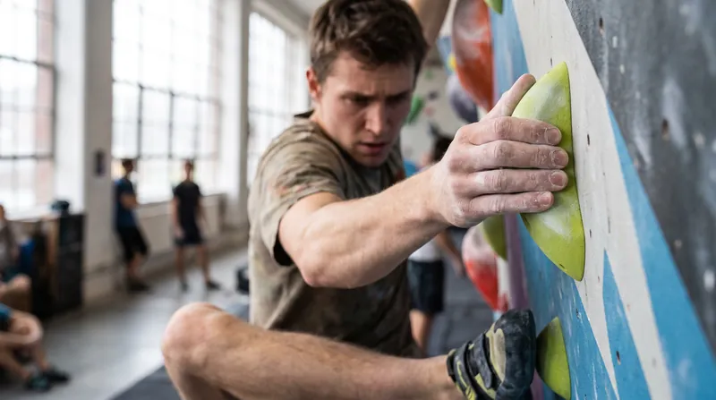 A person climbs an indoor bouldering wall with brightly colored holds, without ropes or harnesses.