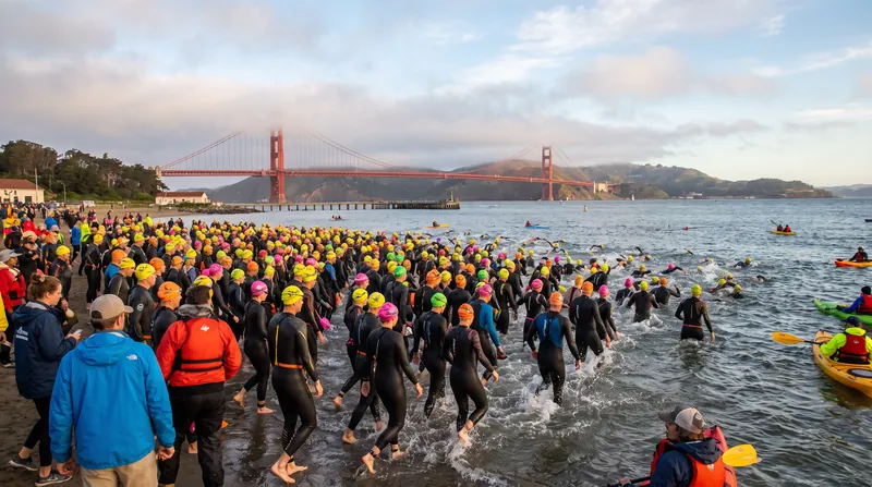 Hundreds of swimmers in wetsuits and bright swim caps wade into the San Francisco Bay.