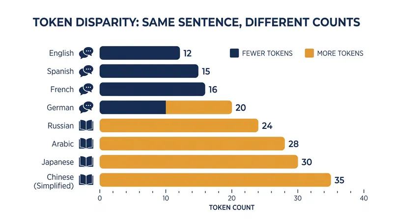 Because BPE relies on training data frequencies, English text typically requires fewer tokens than other languages.