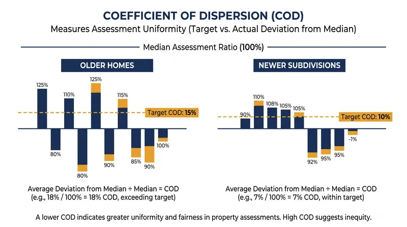 The Coefficient of Dispersion measures the average error rate in a mass appraisal model, with 15% generally serving as the legal limit for older neighborhoods.
