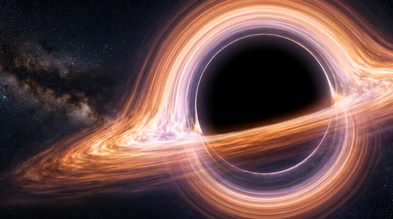 A perfectly spherical black void silhouetted against a glowing, turbulent accretion disk of superheated plasma in deep space.