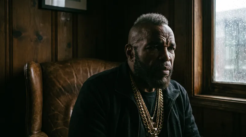 Laurence Tureaud, known as Mr. T, wearing gold chains and looking serious in a modern portrait.