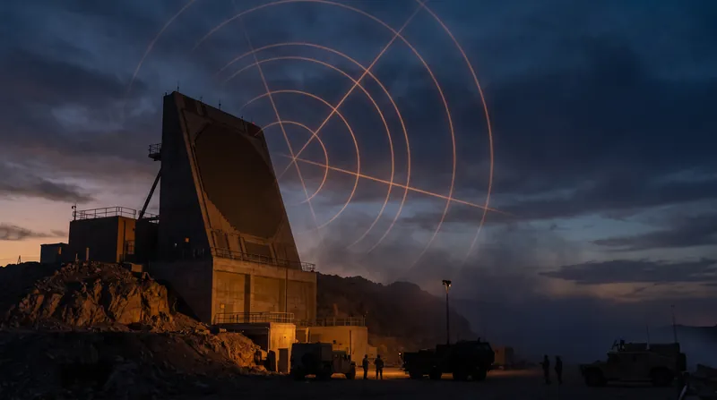A large military phased array radar installation against a twilight sky with overlaid geometric rings.