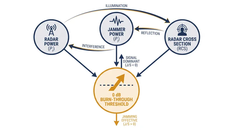 The exact burn-through distance depends on the radar's power, the jammer's output, and the physical size of the target's radar cross-section.