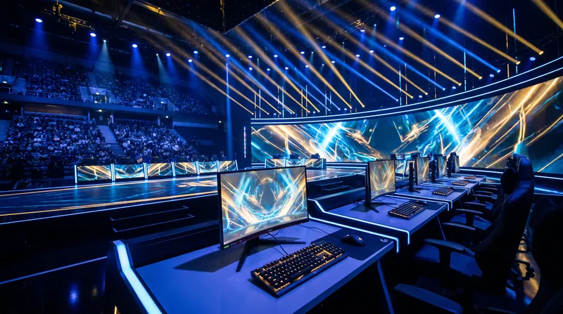 A brightly lit competitive esports stage with empty player desks and glowing monitors under blue lighting.
