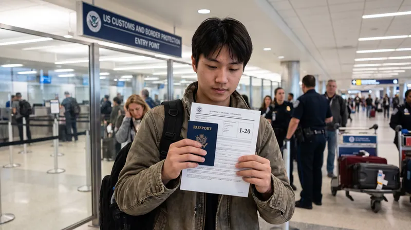 An international student holding a passport and an I-20 form at a U.S. Customs airport checkpoint.