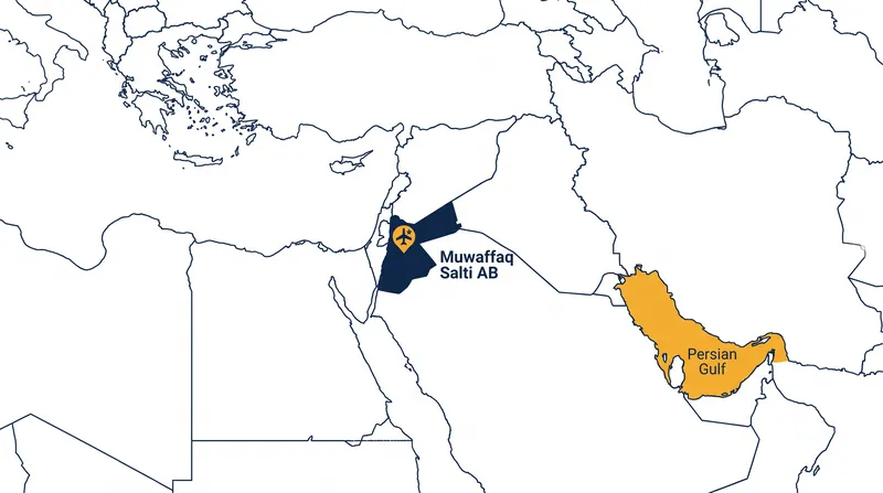 Regional map highlighting the location of Muwaffaq Salti Air Base relative to Iranian launch sites.