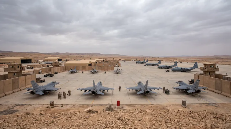 Military aircraft parked on the tarmac at Muwaffaq Salti Air Base in Jordan under overcast skies.
