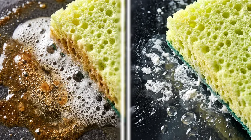 A split view showing thick kitchen grease dissolving into soapy bubbles on one side and chalky mineral scale dissolving into clear liquid on the other.