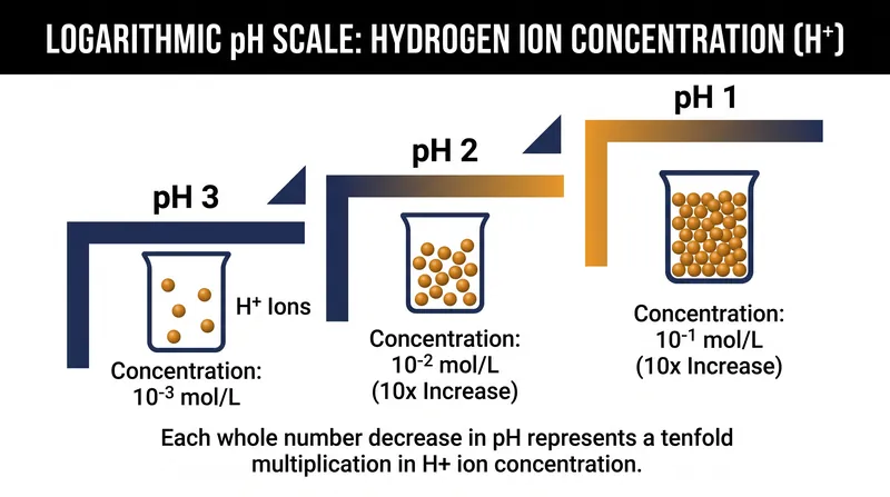 Because the pH scale is logarithmic, dropping the pH by a single point increases the acidity tenfold.