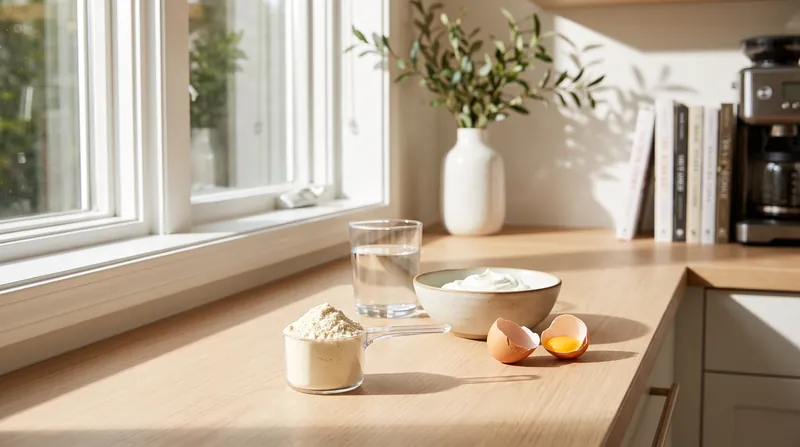 A scoop of protein powder, an egg, and Greek yogurt on a sunlit kitchen counter.